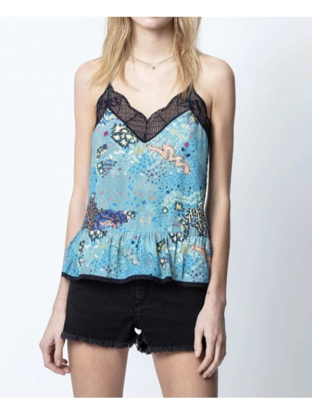 Zadig & Voltaire Cora Celeste Glam Rock Camisole Lace Trim ( S )